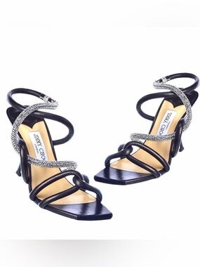 Jimmy Choo Lonnie 90 Crystal Embellished Leather Sandals Ankle Strap Heel Sandal